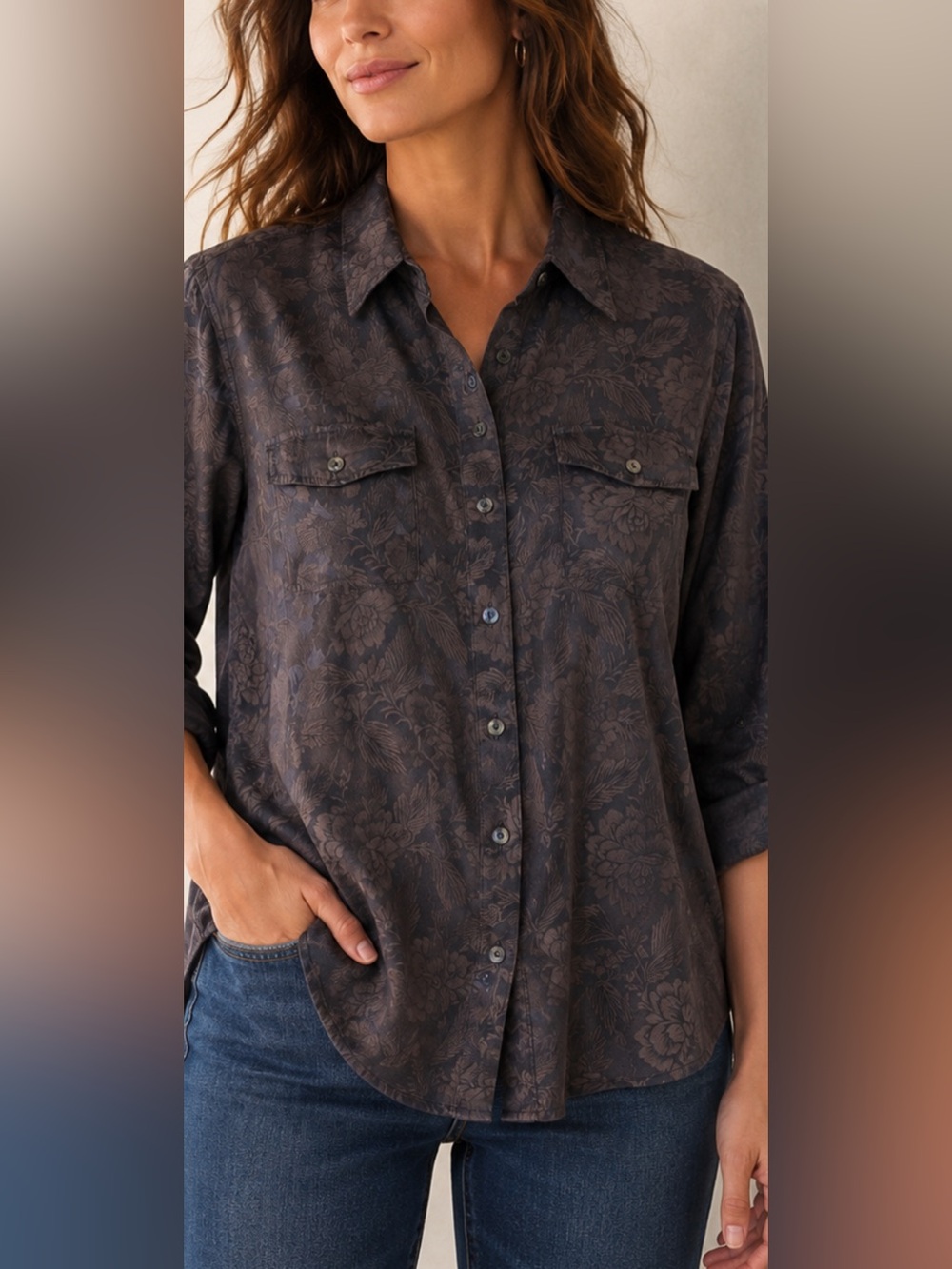 Chico’s Design Silk Blend Floral Jacquard Button Up Blouse Women’s Size 2